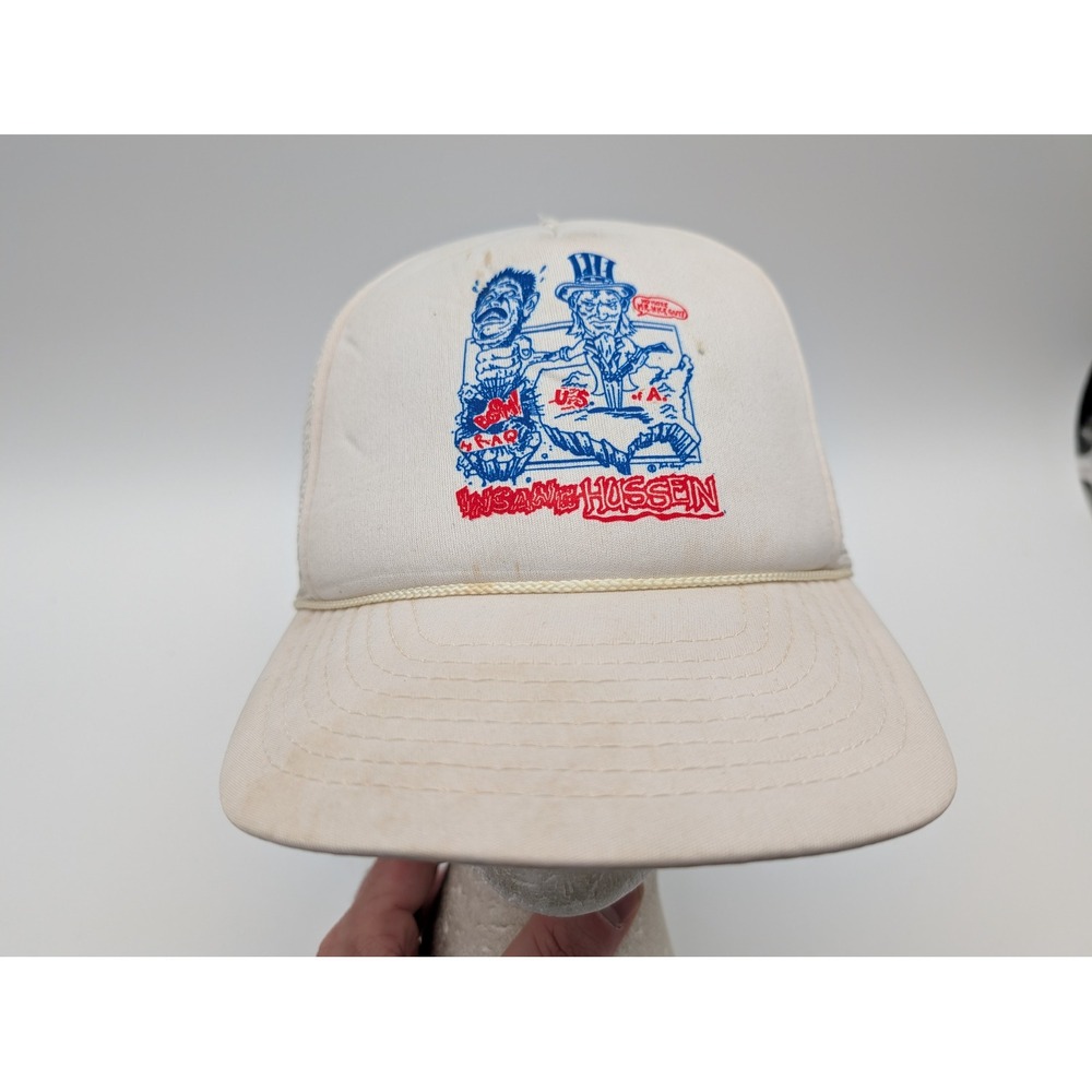 VTG Insane Hussein Uncle Sam Trucker Hat Snapback Cream War Satire Propaganda